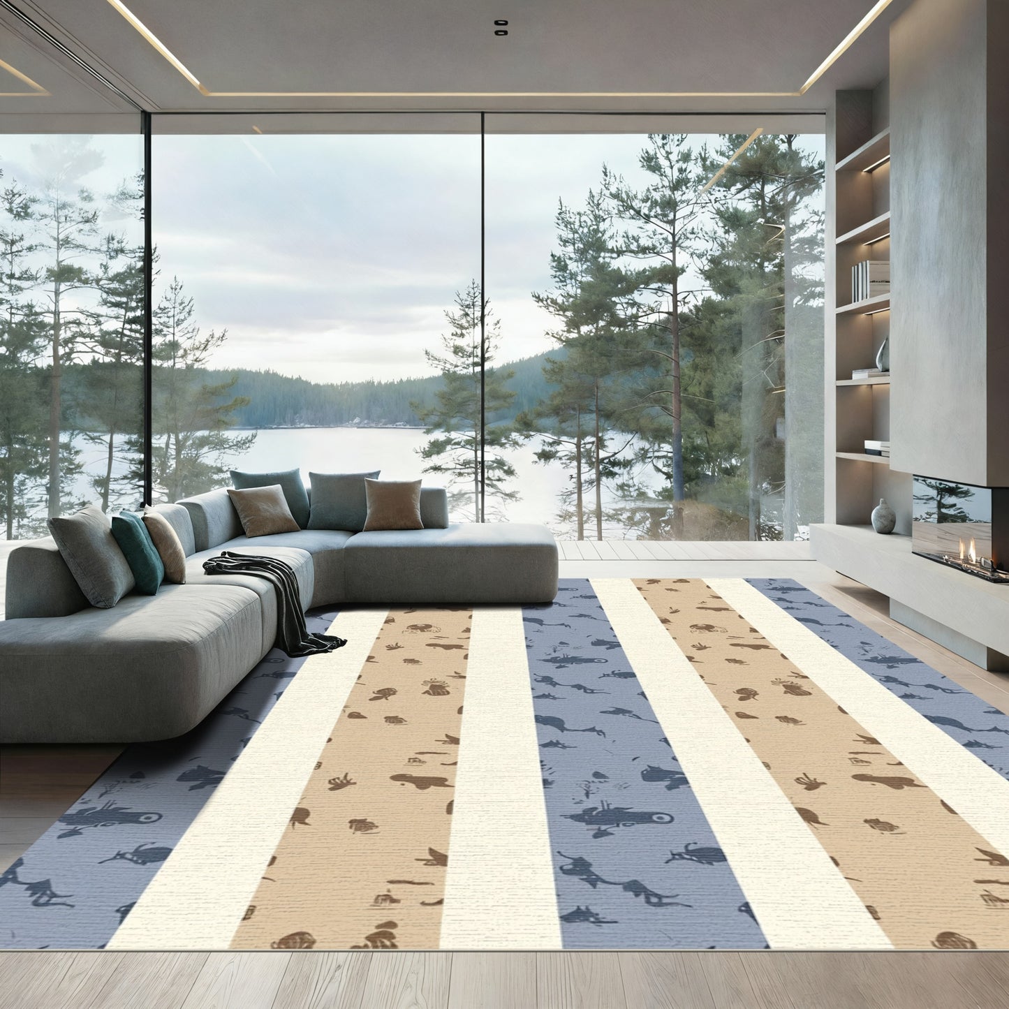 Blue Tan Abstract Stripe Figures Rug