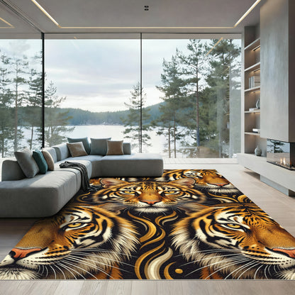 Dramatic Tiger Faces Gold Swirls Rug