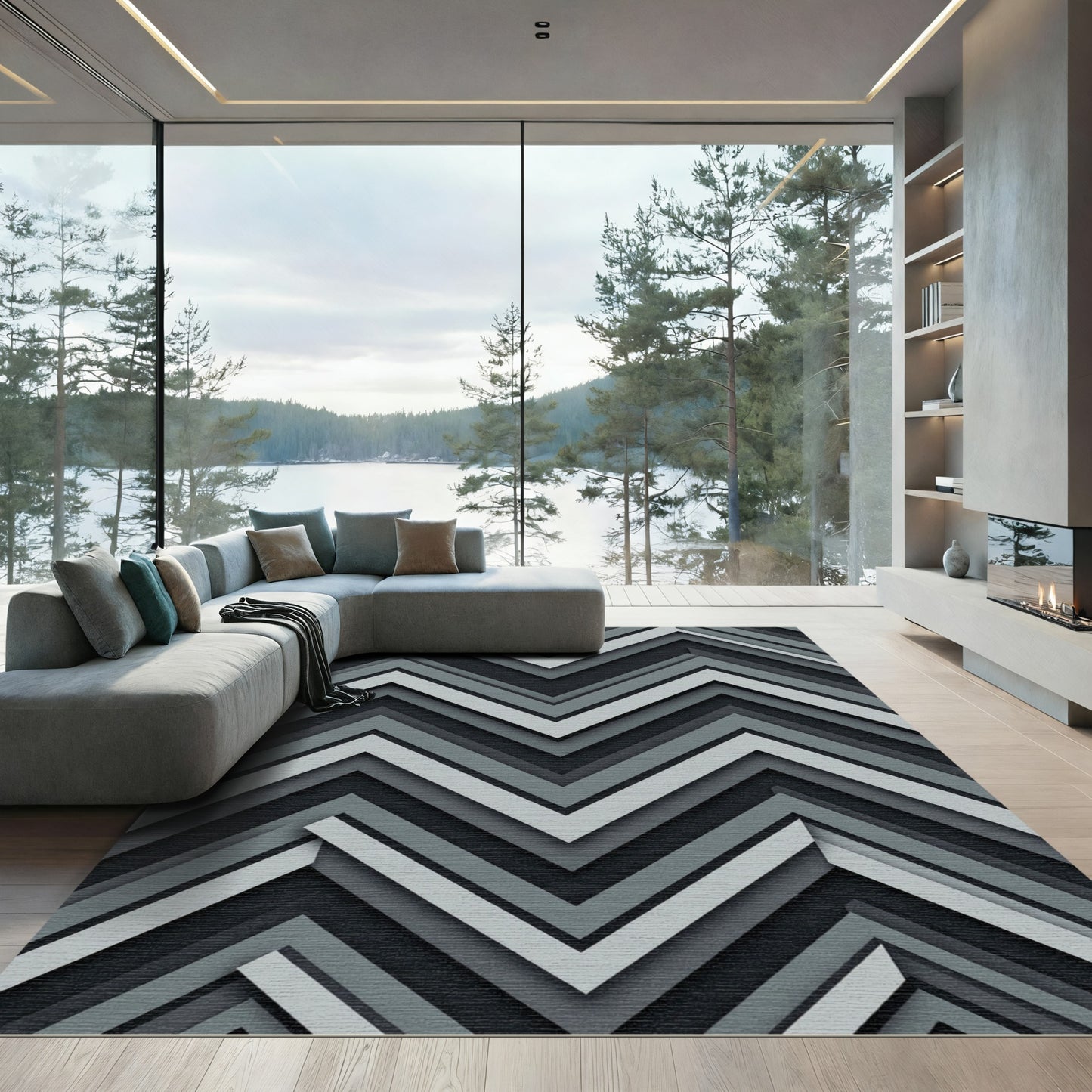 Monochromatic Gray Chevron Layered Rug
