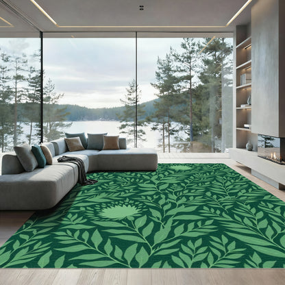 Deep Green Leafy Woodland Floral Rug