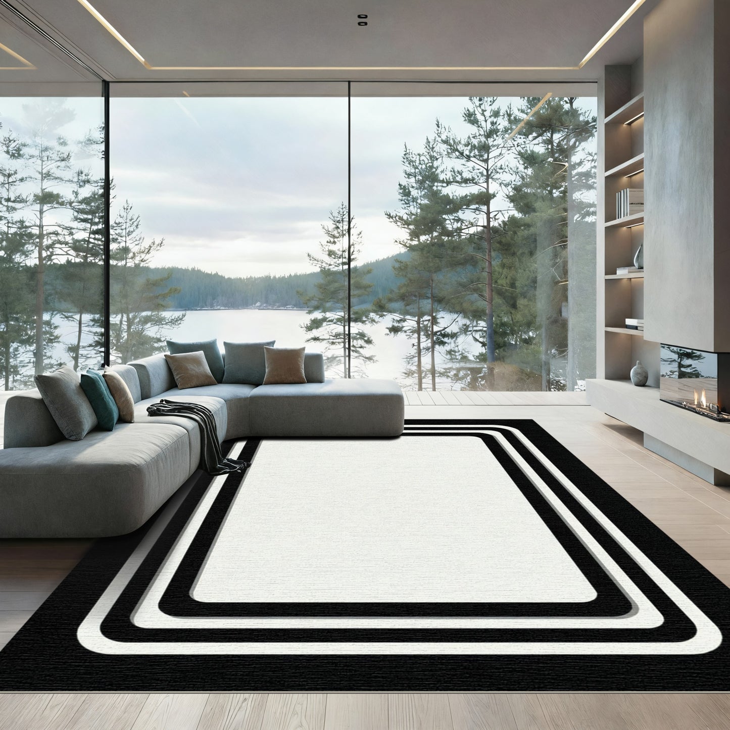 Modern Black White Layered Rectangles Rug
