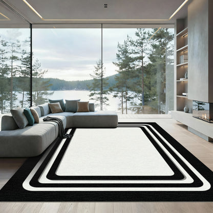 Modern Black White Layered Rectangles Rug