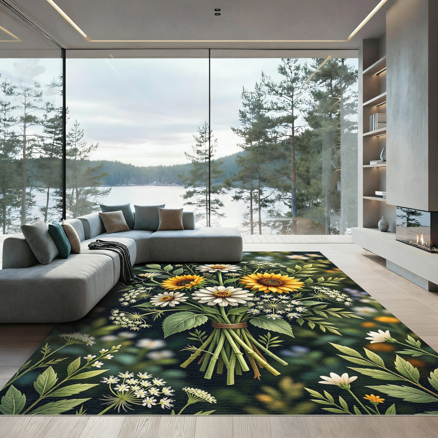 Sunlit Sunflower and Daisy Meadow Bouquet Rug