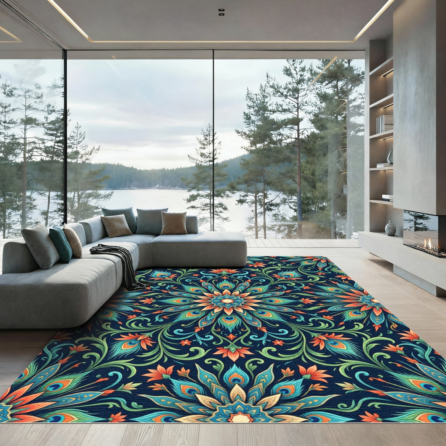 Vibrant Peacock Feather Mandala Pattern Rug