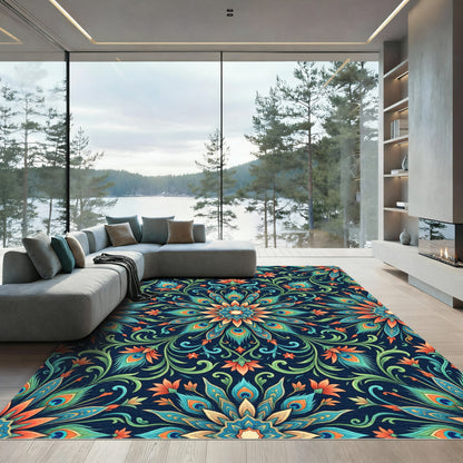 Vibrant Peacock Feather Mandala Pattern Rug