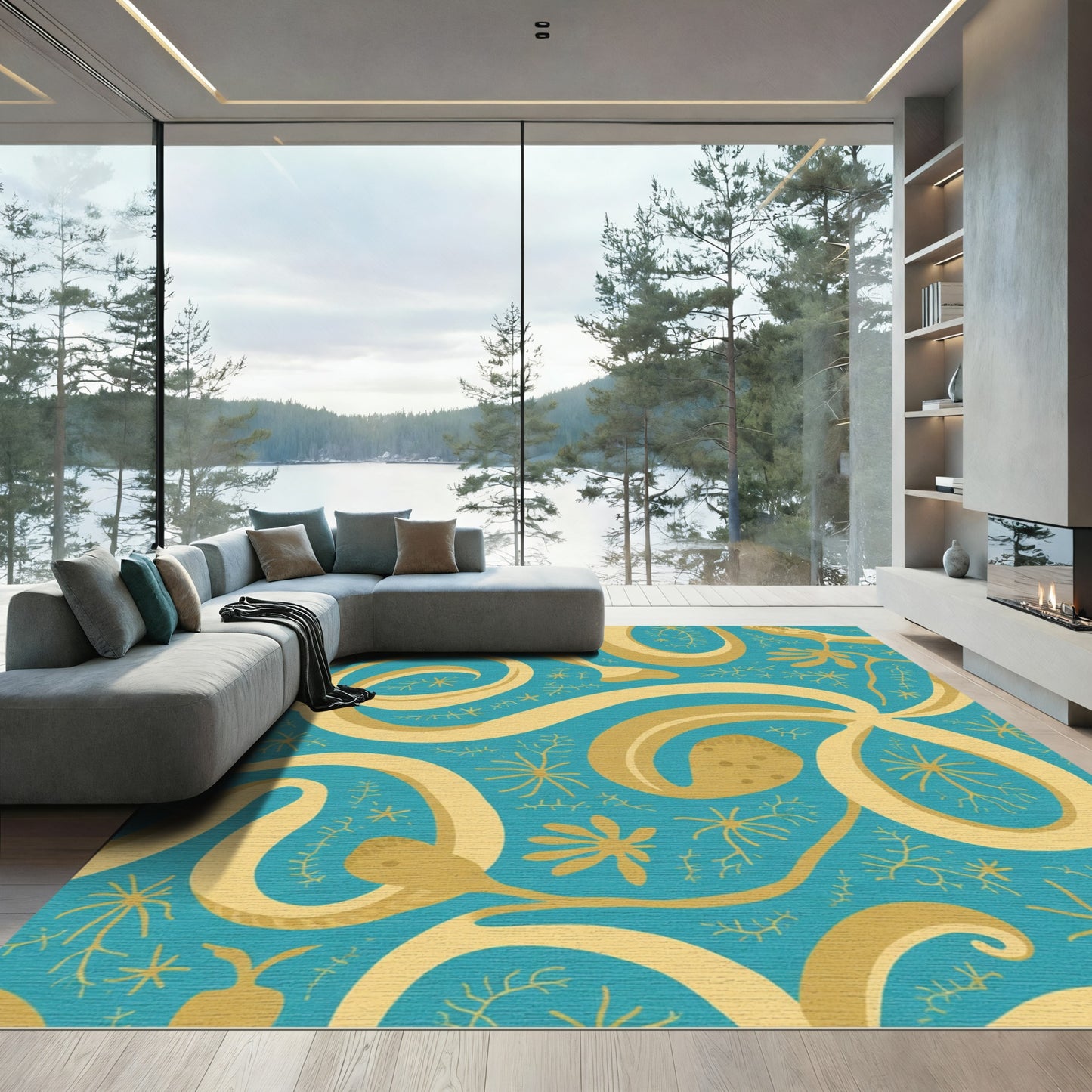 Golden Swirls Seaweed Teal Rug