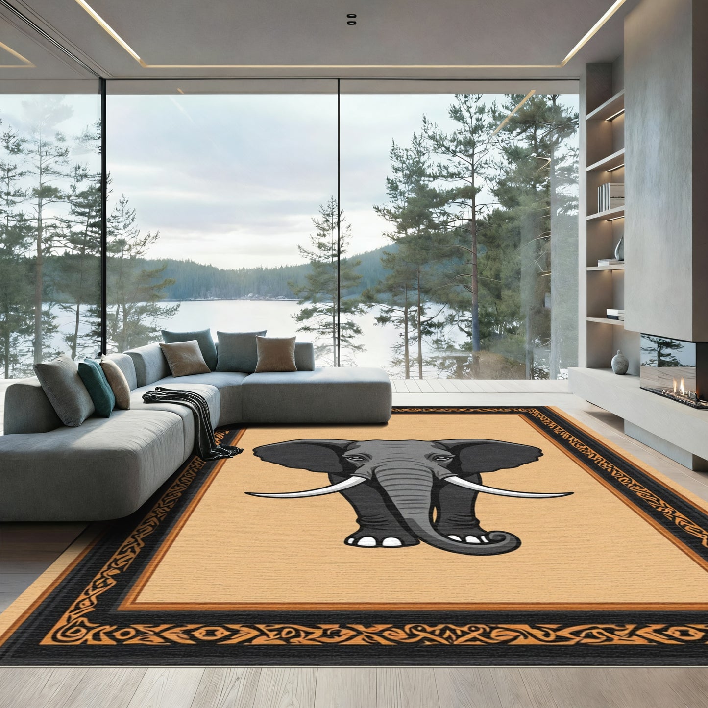 Majestic Gray Elephant Tribal Frame Rug