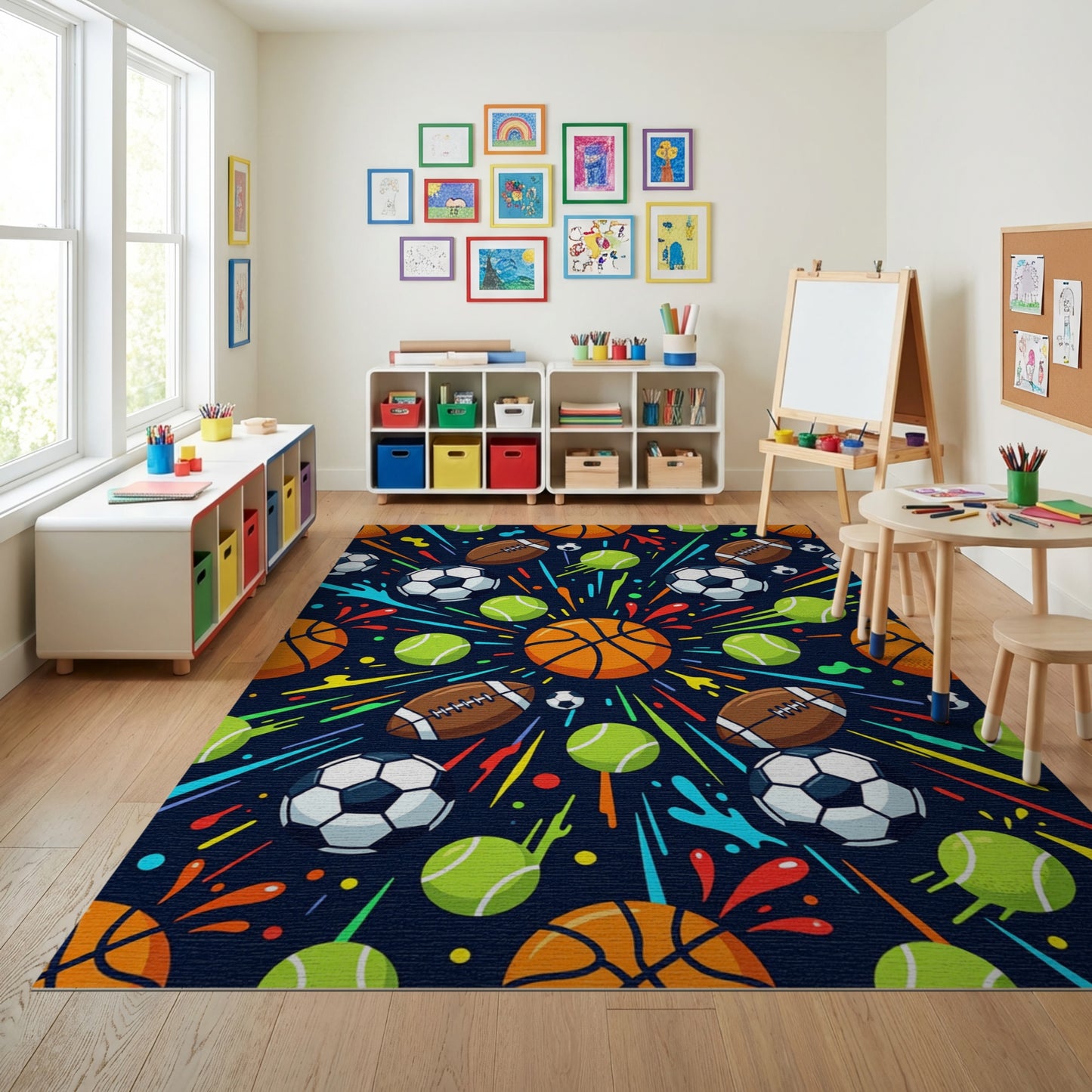 Vibrant Sports Balls Explosive Splatter Rug