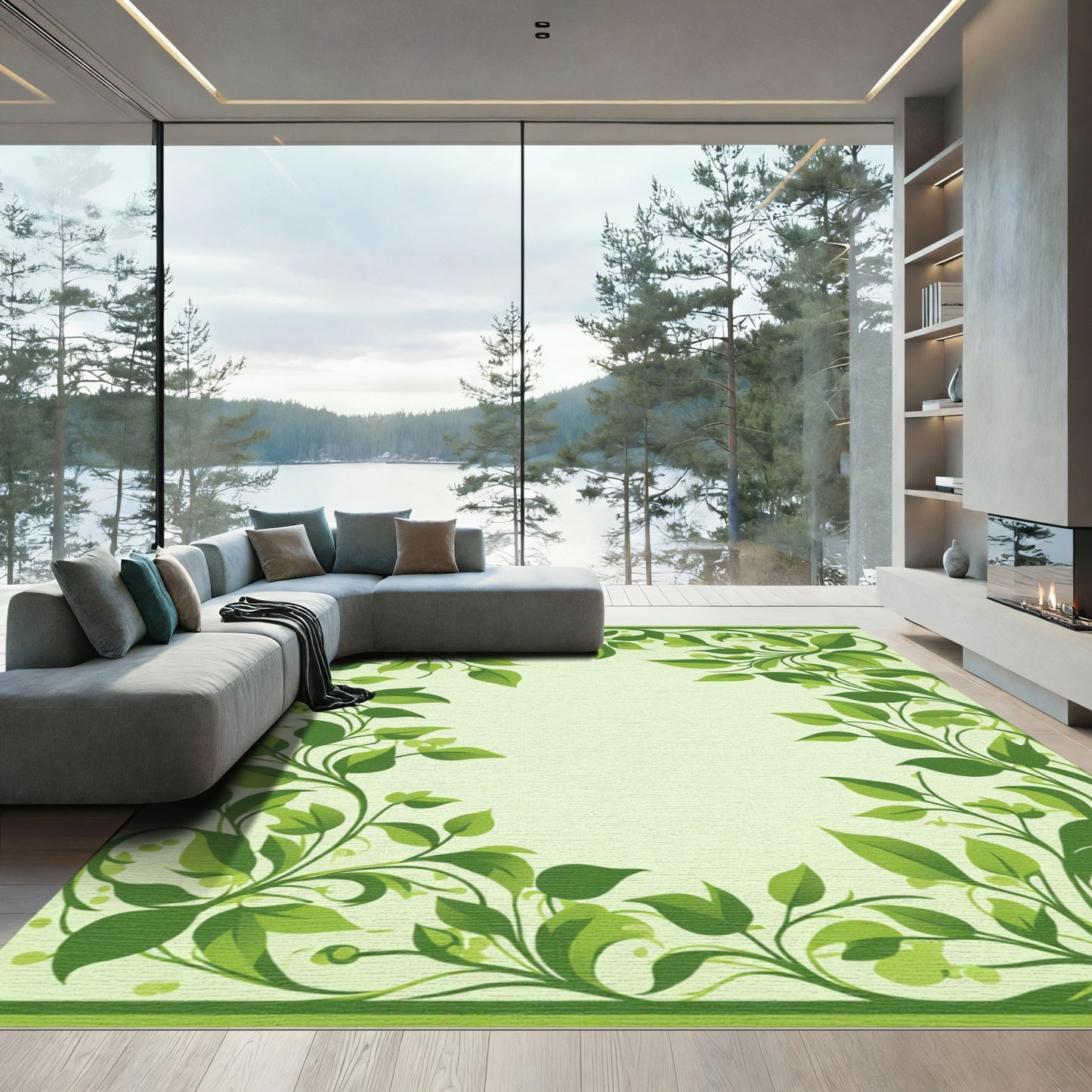 Green Leafy Vine Border Rug