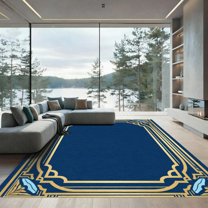 Elegant Navy Gold Geometric Frame Rug