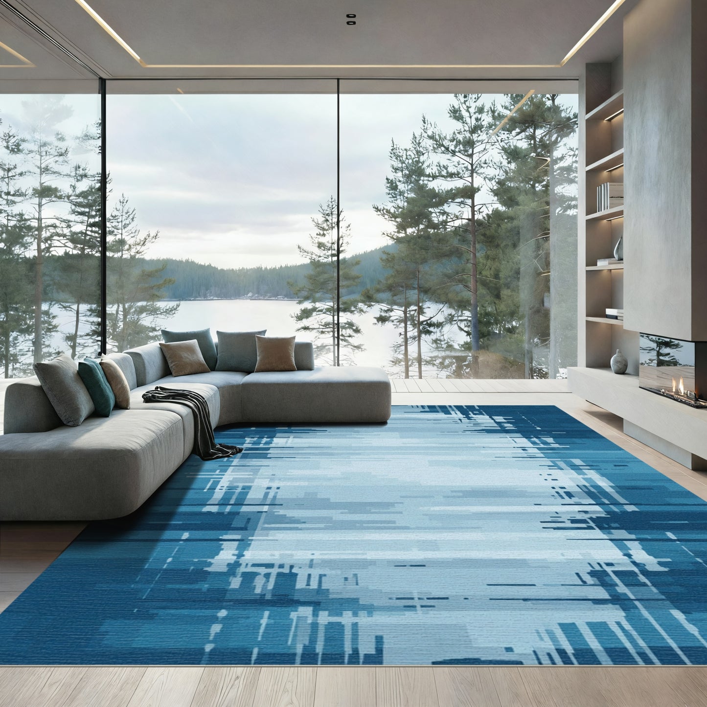 Abstract Blue Horizontal Slice Blend Rug