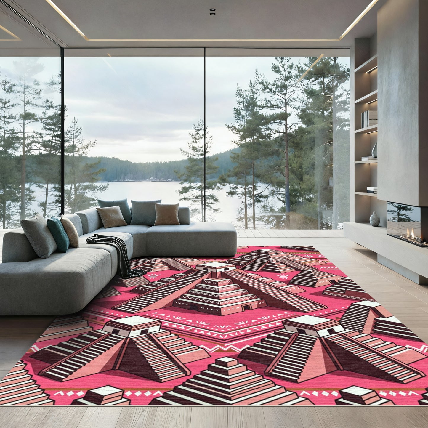 Pink Pyramid Architectural Terrace Motif Rug