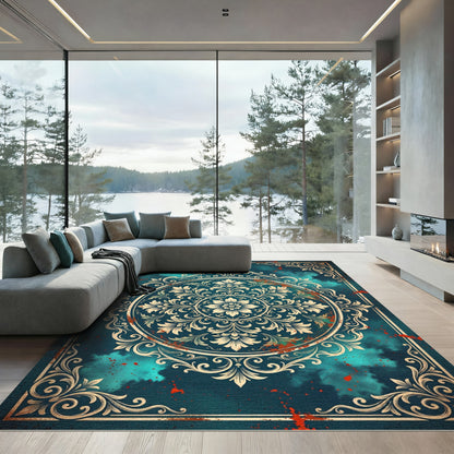 Ornate Teal Floral Medallion Frame Rug