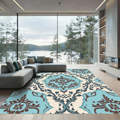Classic Teal Brown Floral Damask Rug