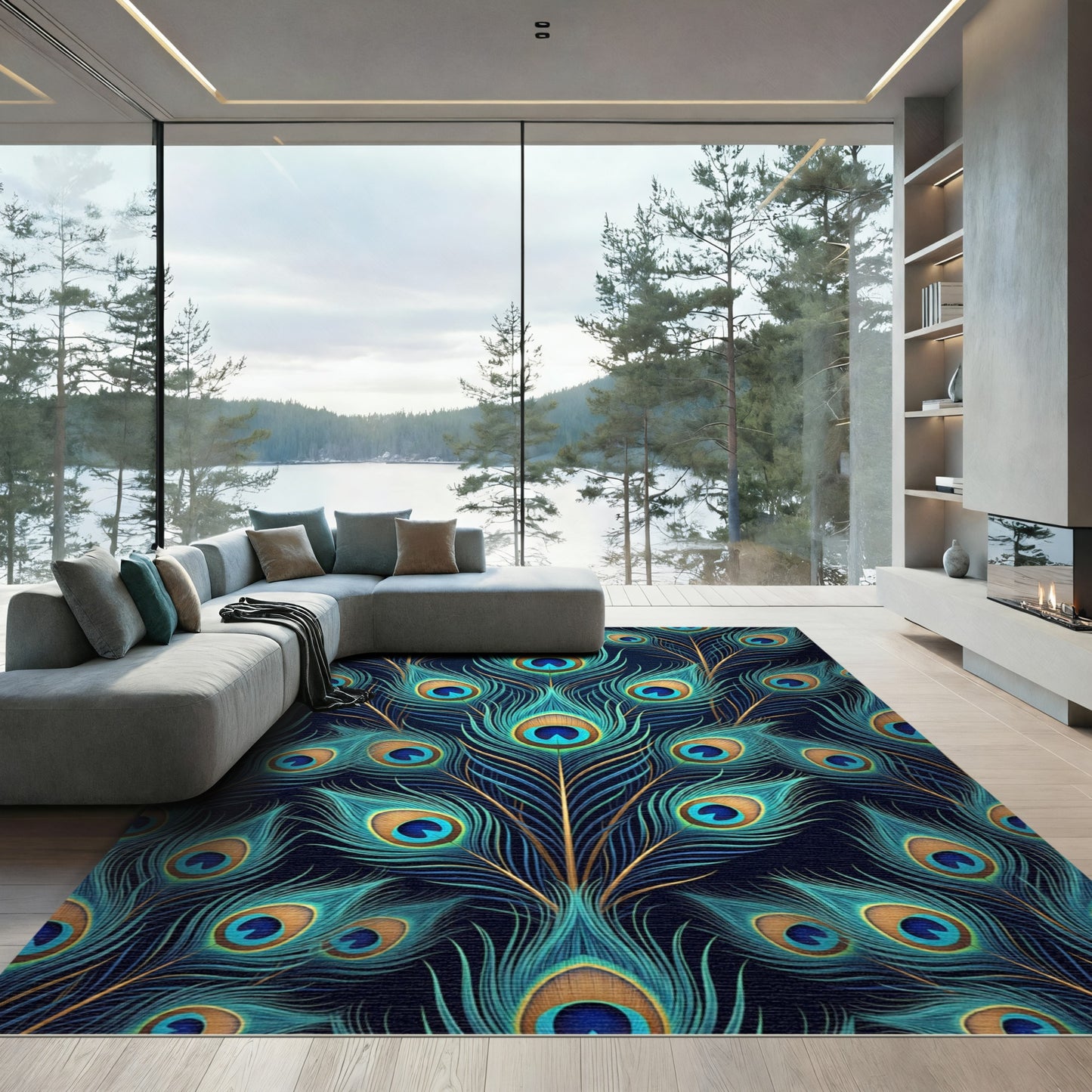 Teal Blue Golden Peacock Feather Spread Rug