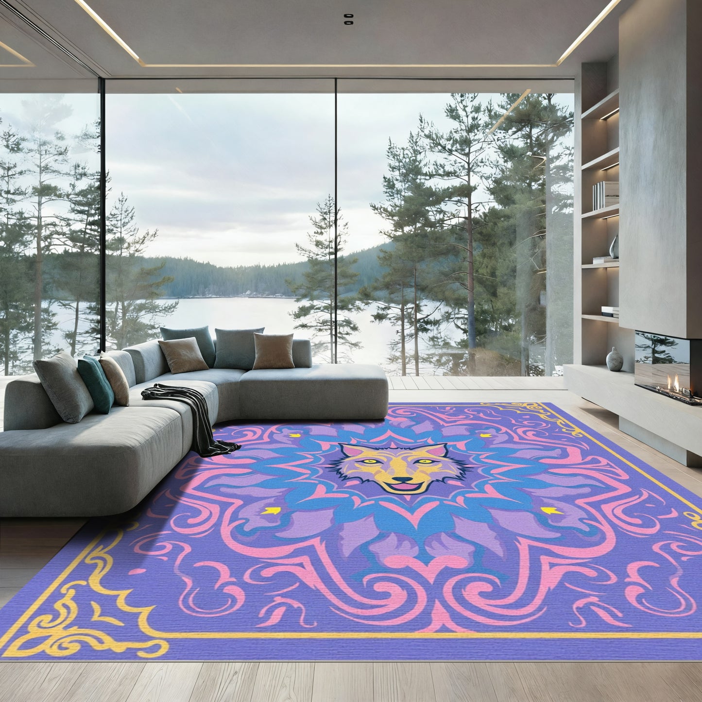 Purple Yellow Wolf Mandala Rug