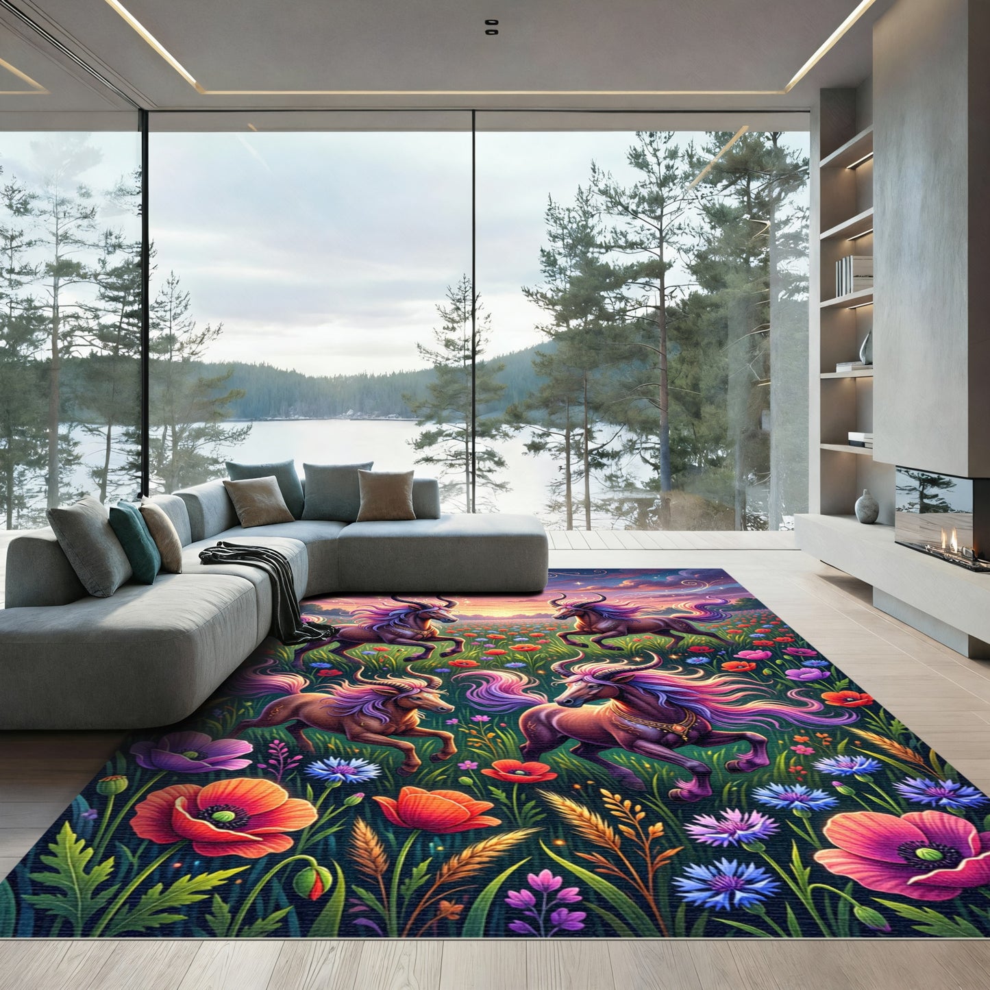 Ethereal Mythical Unicorn Floral Meadow Rug