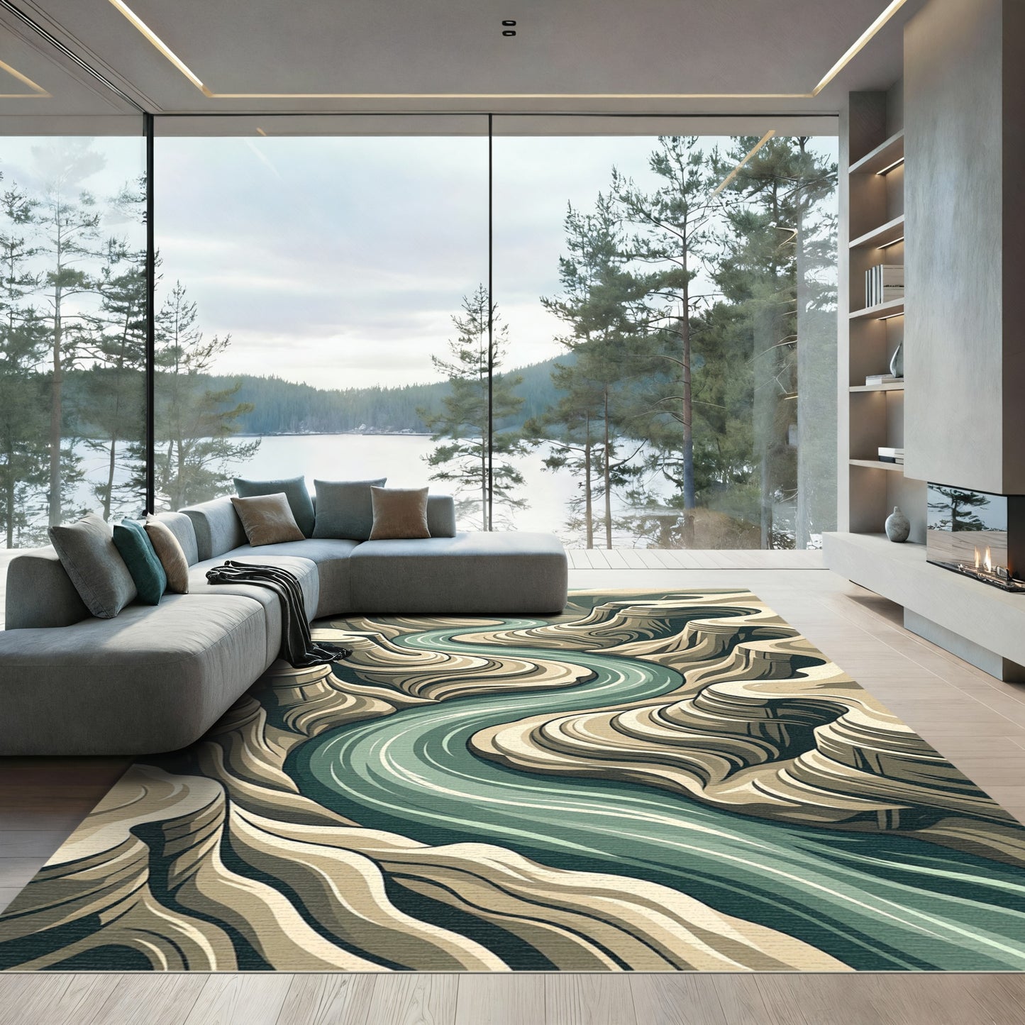 Serene Blue River Canyon Landscape Rug