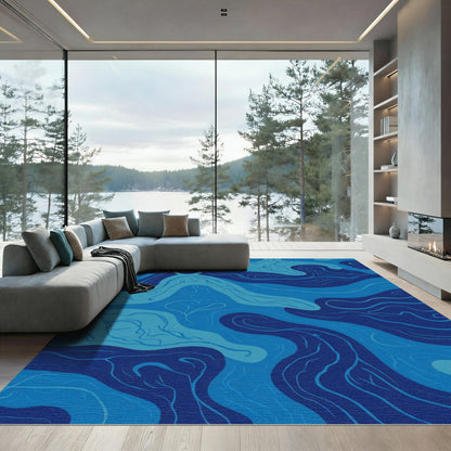 Deep Blue Wavy Organic Flow Rug