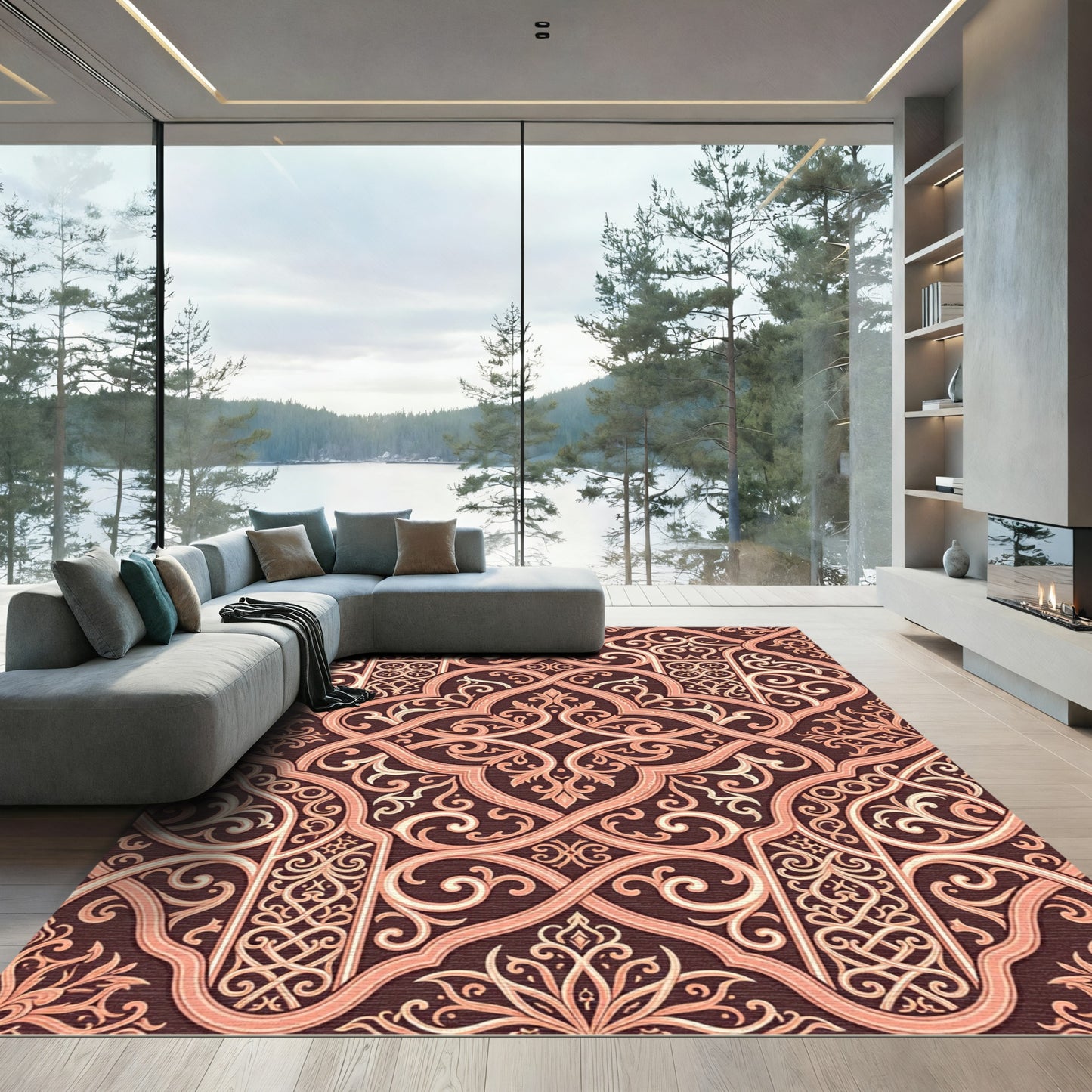 Ornamental Copper Damask Scroll Interlace Rug