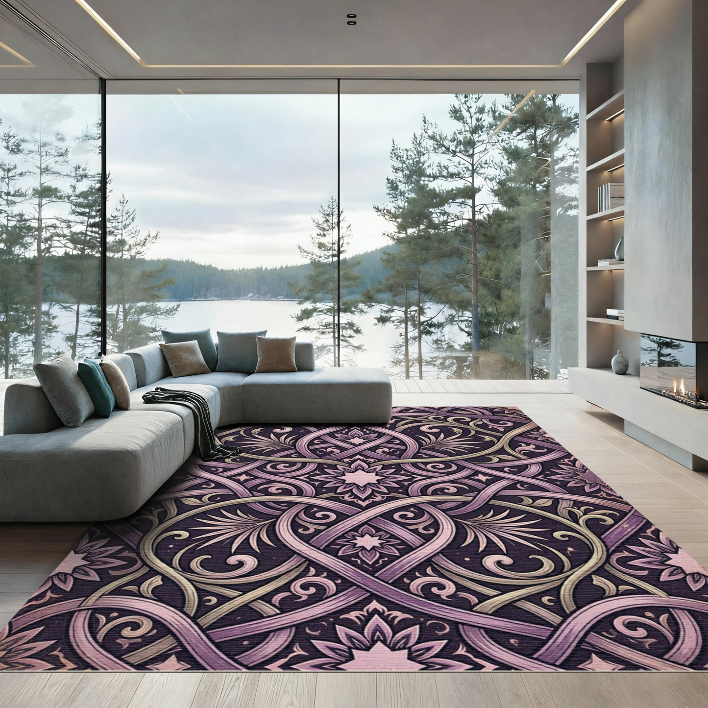 Ornate Mauve Damask Intertwined Floral Scroll Rug