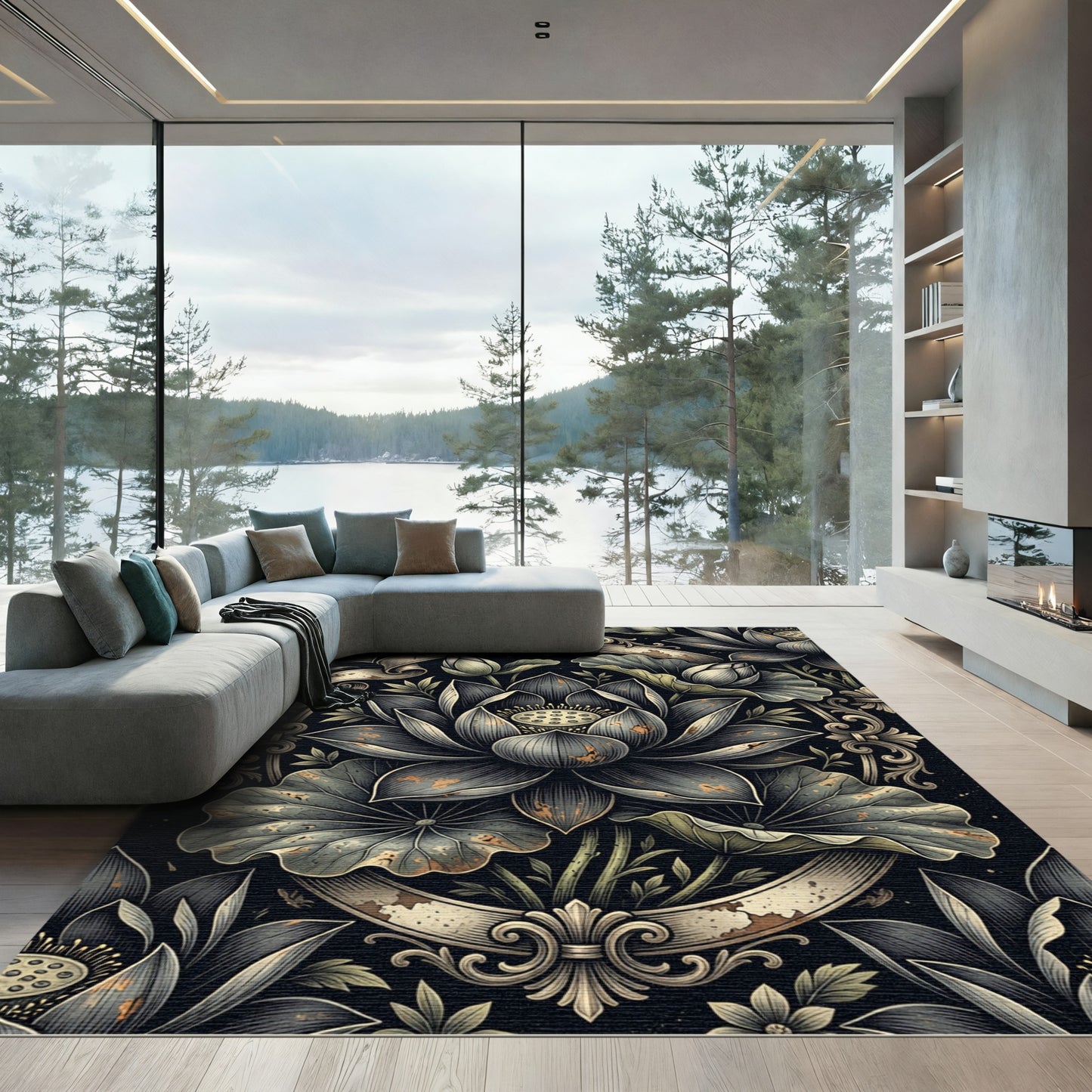Ornate Dark Lotus Floral Scroll Rug