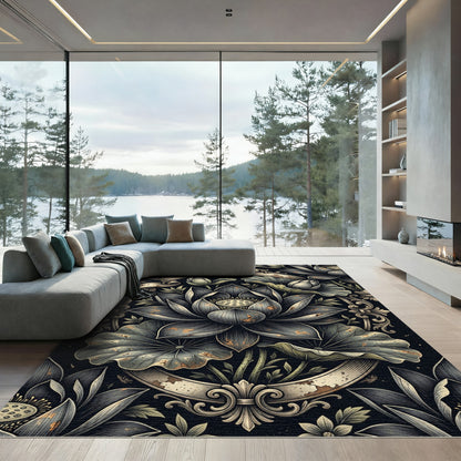 Ornate Dark Lotus Floral Scroll Rug