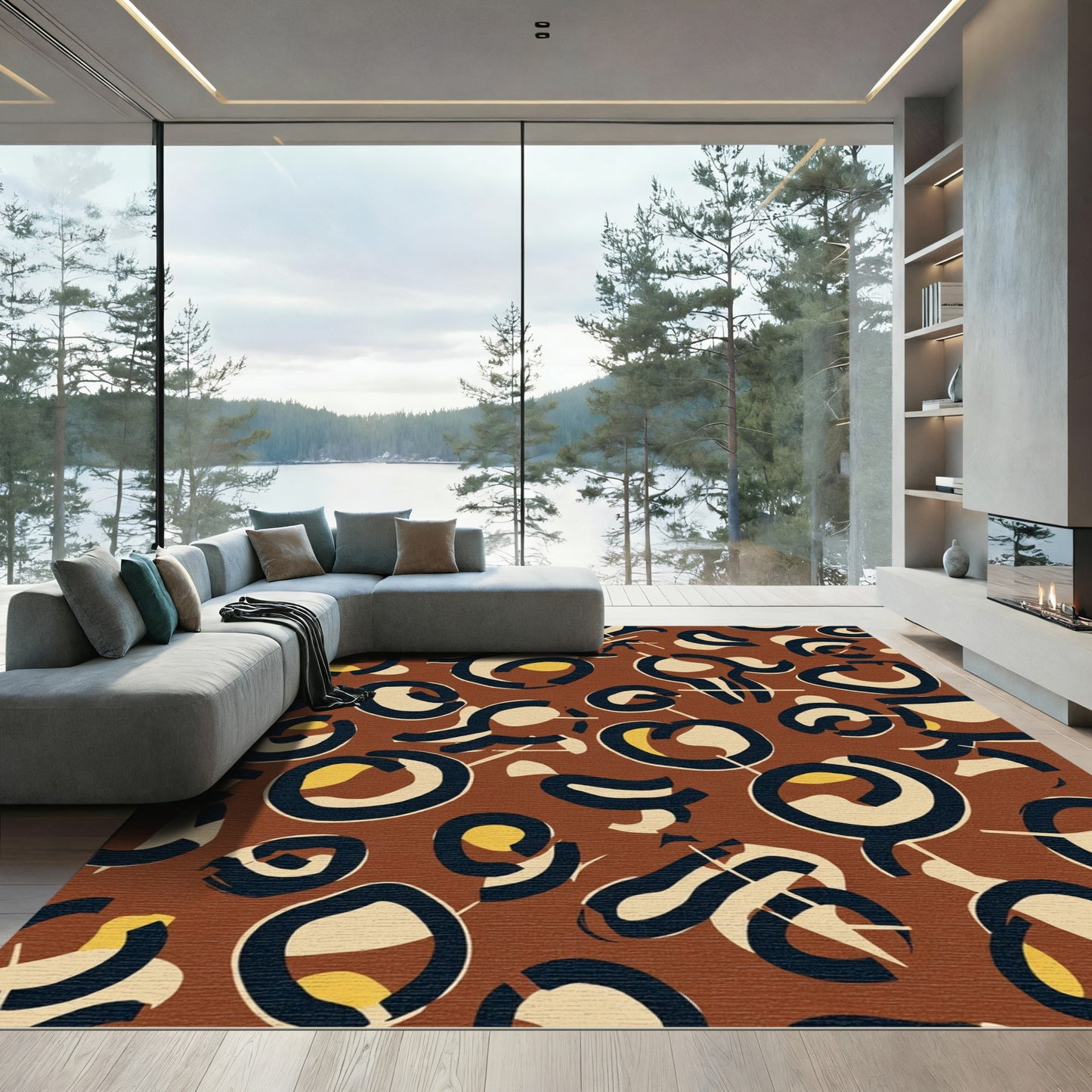 Abstract Brown Cream Navy Spots Rug