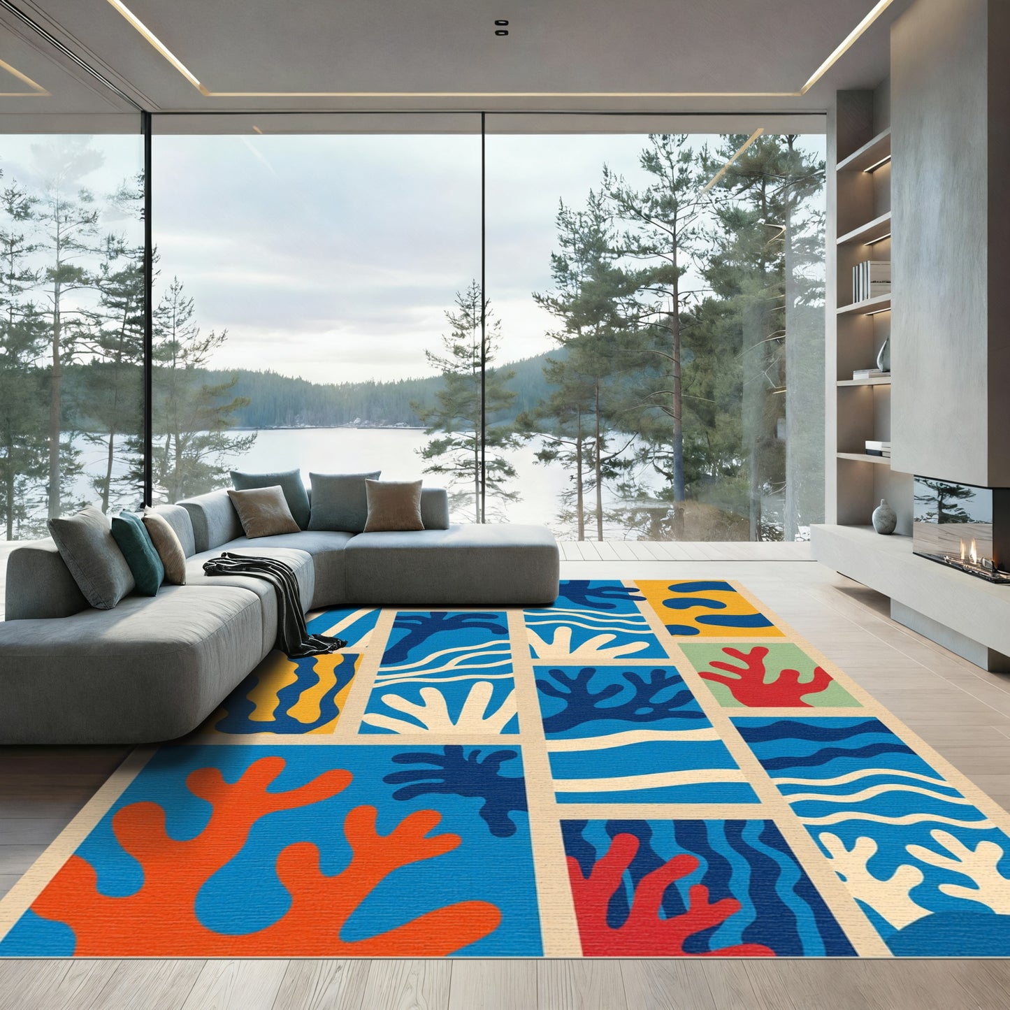 Abstract Corals Waves Yellow Blocks Rug