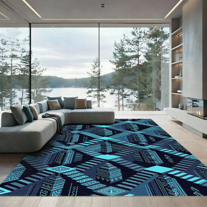 Cyan Blue Geometric Staircase Maze Rug
