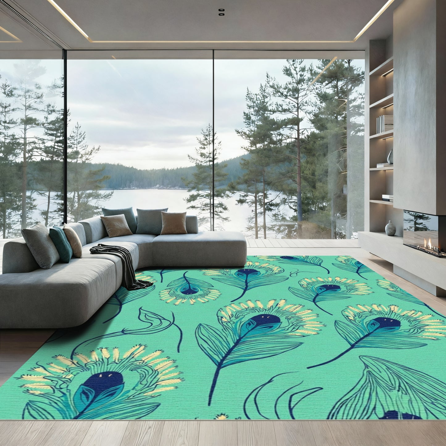 Aqua Teal Peacock Feather Graphic Rug