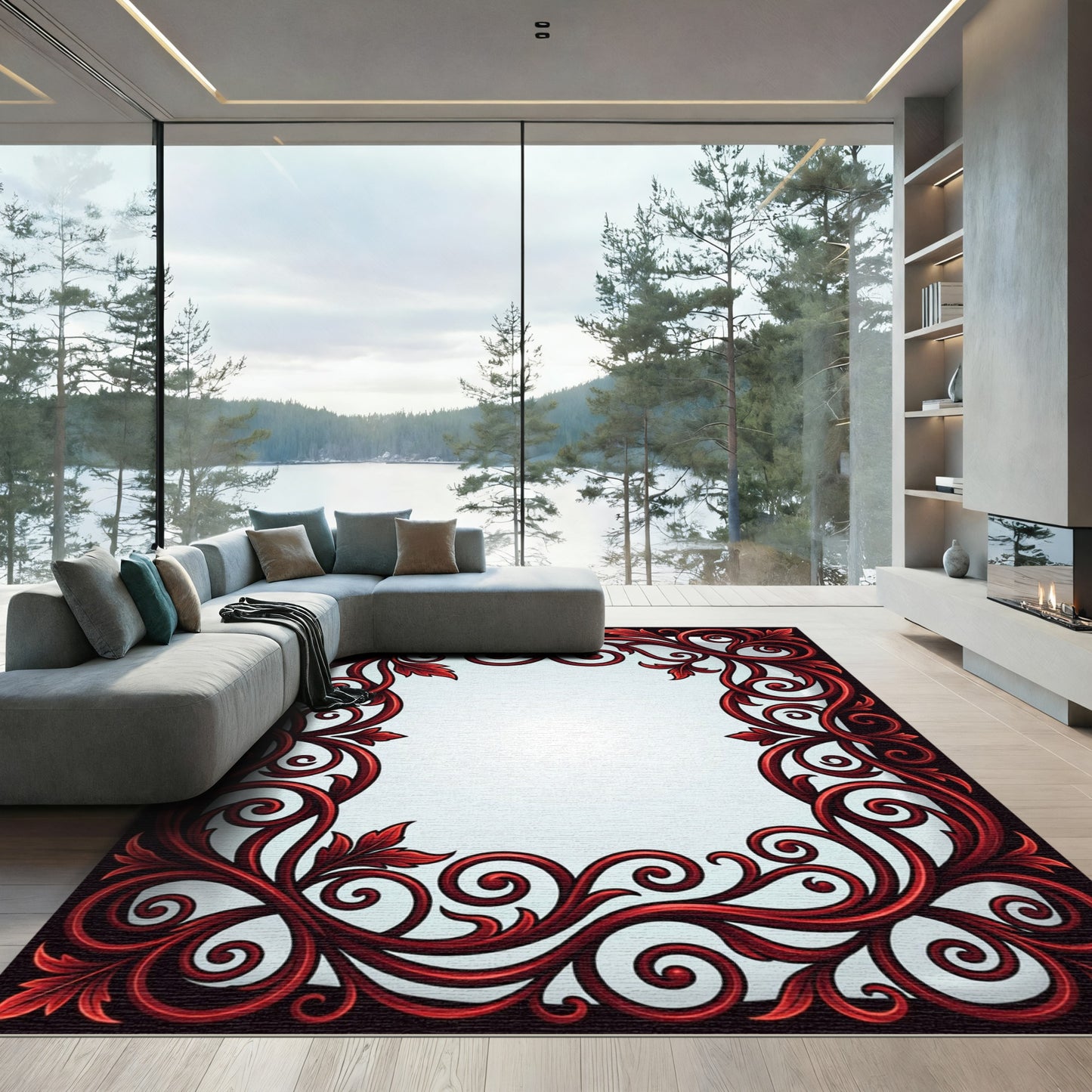 Deep Red Victorian Scroll Border Rug