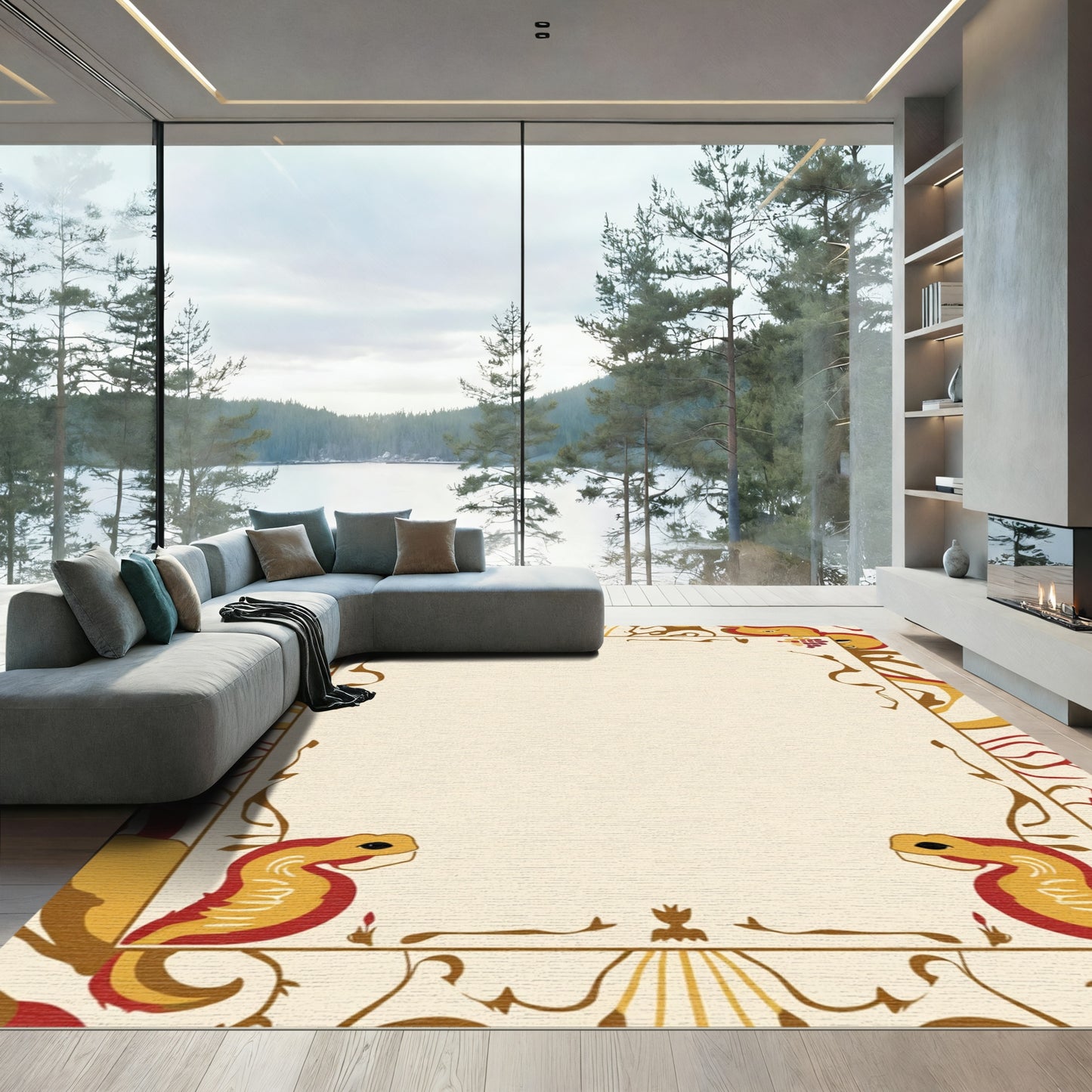 Golden Red Serpent Art Nouveau Border Rug