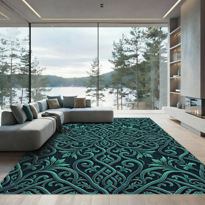 Teal Intricate Filigree scrolling Vine Entwined Rug