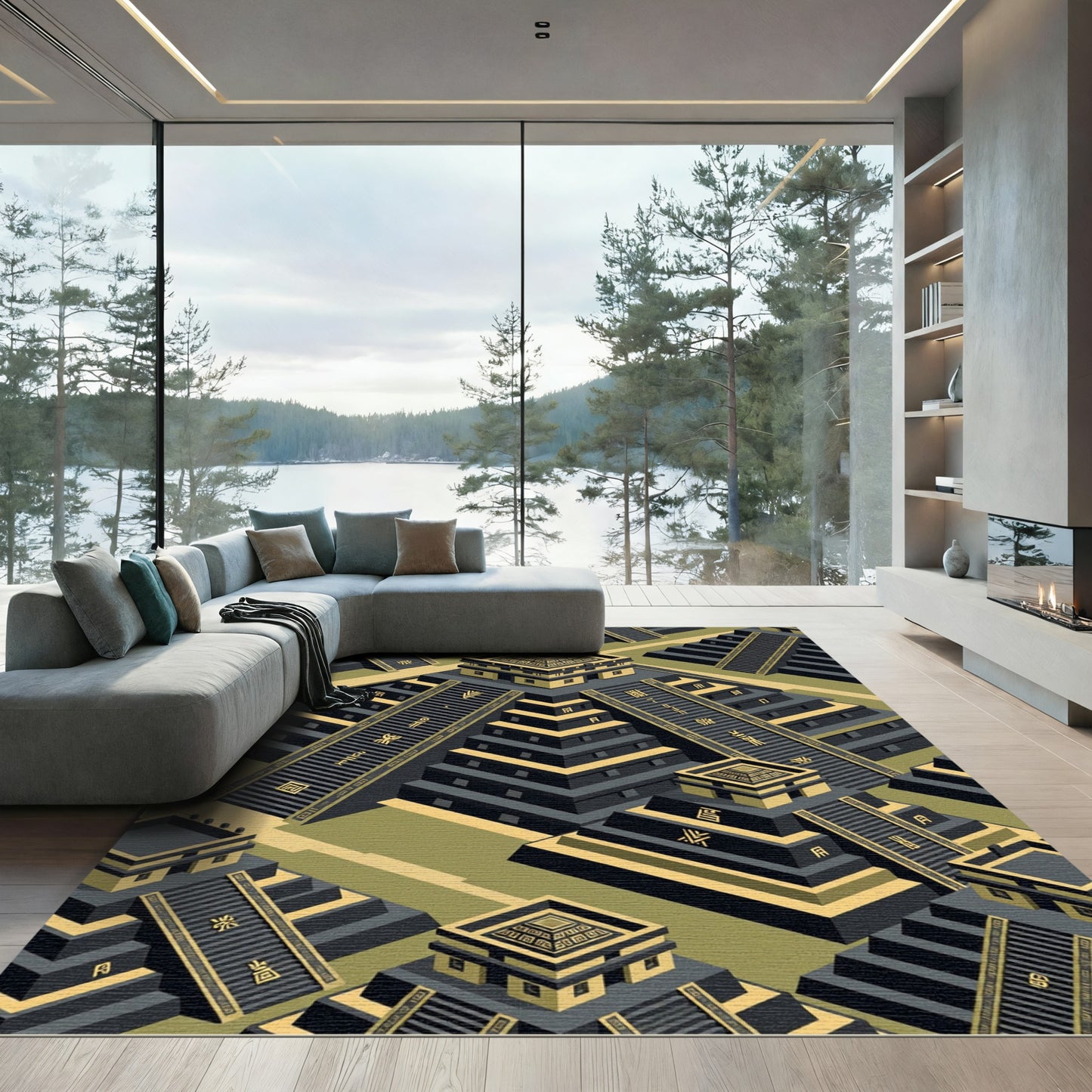 Isometric Black and Golden Step Pyramid Rug