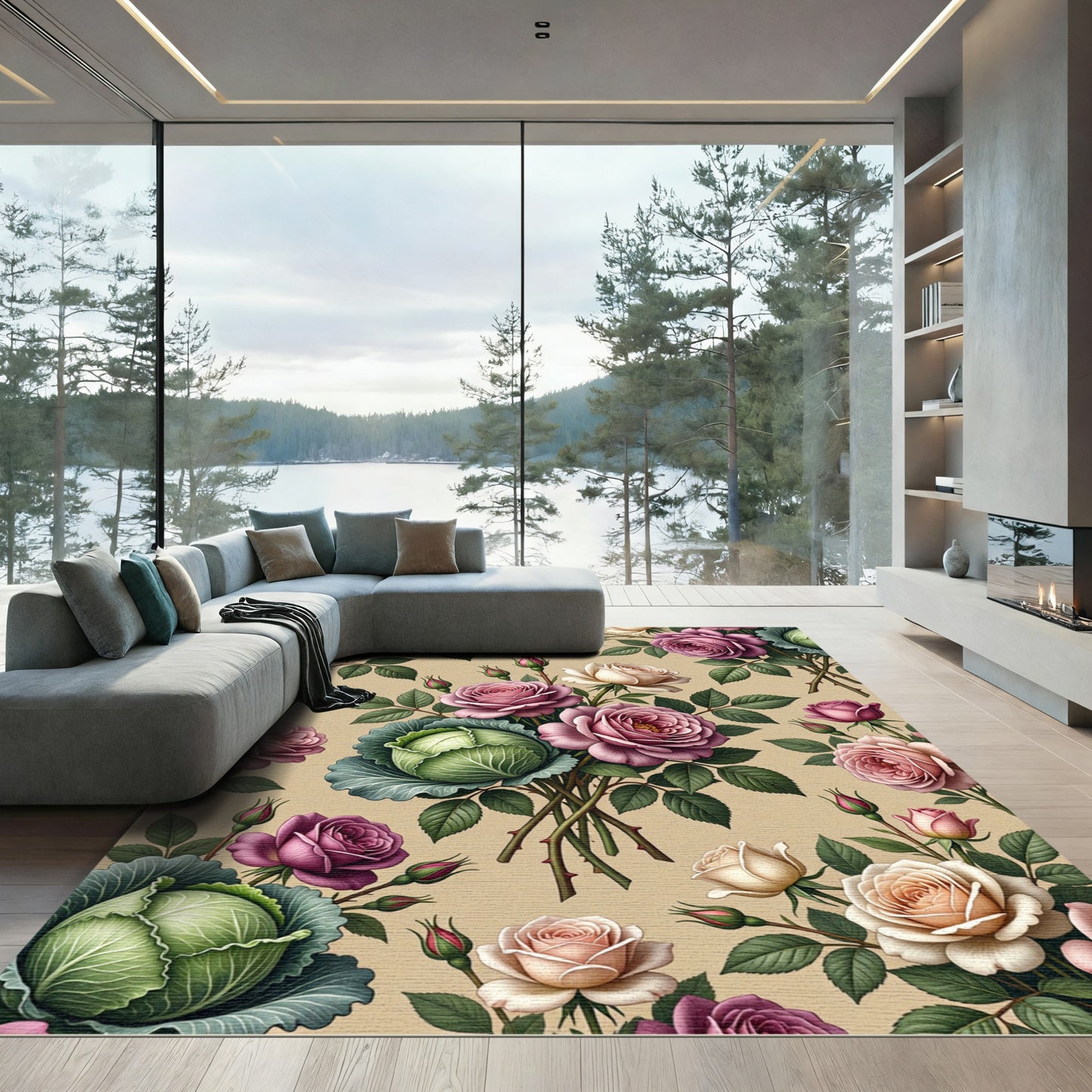 Botanical Rose and Cabbage Garden Bouquet Rug