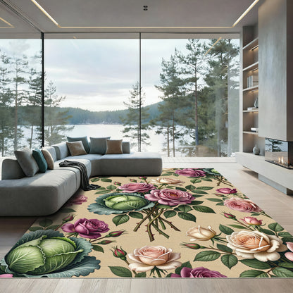 Botanical Rose and Cabbage Garden Bouquet Rug