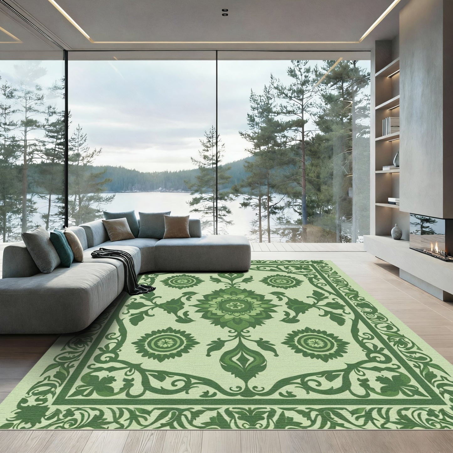 Verdant Green Floral Crest Border Rug