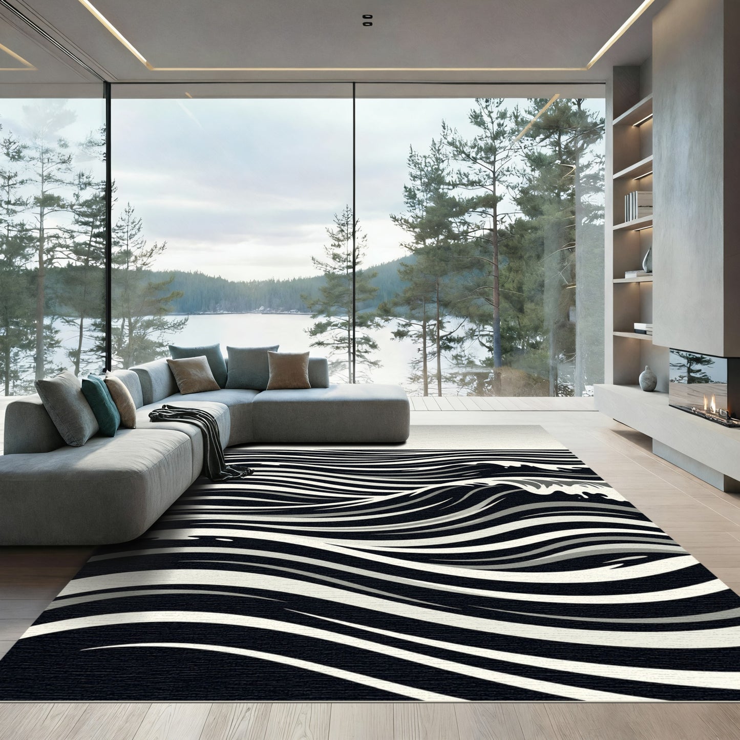 Monochromatic Black White Wave Rug
