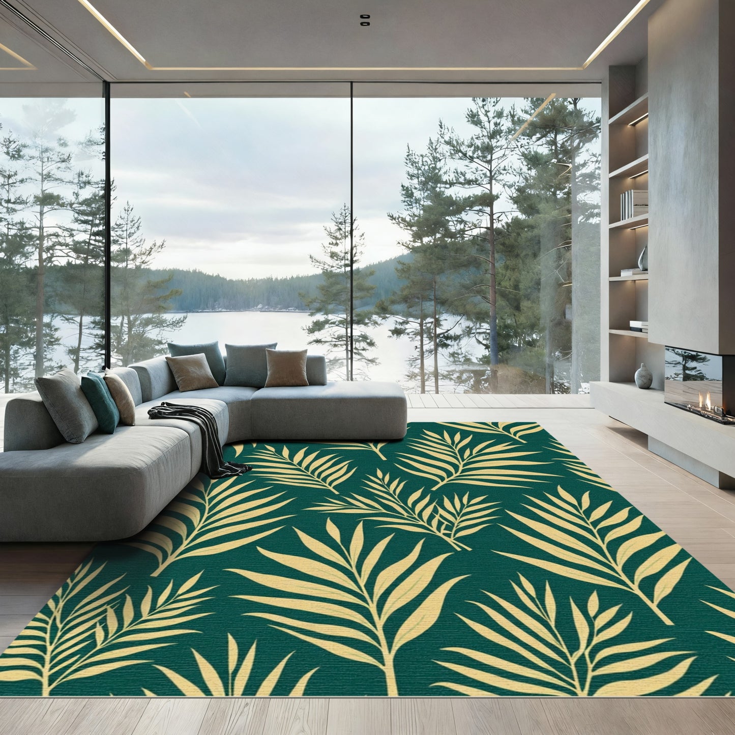 Golden Palm Fronds On Teal Background Rug
