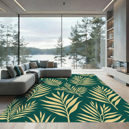 Golden Palm Fronds On Teal Background Rug