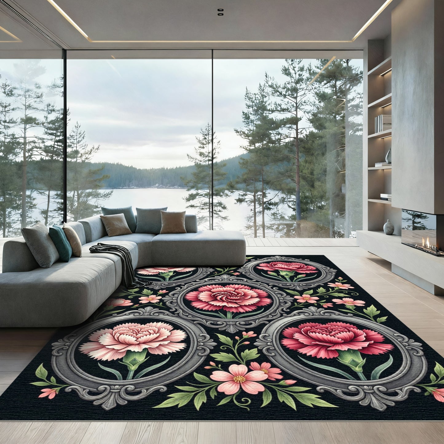 Vintage Framed Carnation Botanical Floral Rug