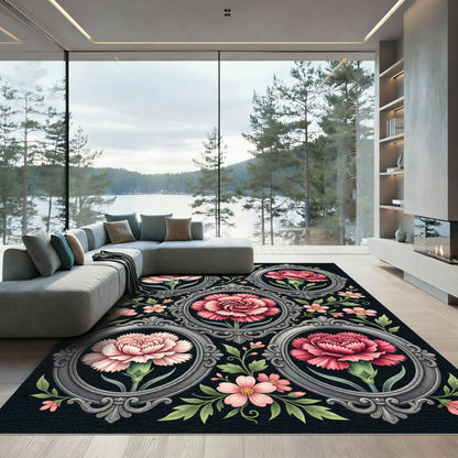 Vintage Framed Carnation Botanical Floral Rug