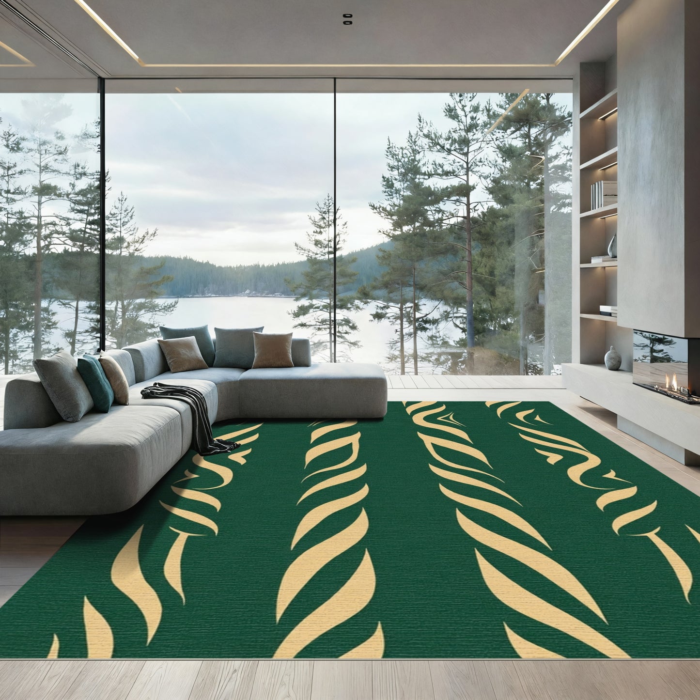 Elegant Emerald Gold Swirl Stripes Rug