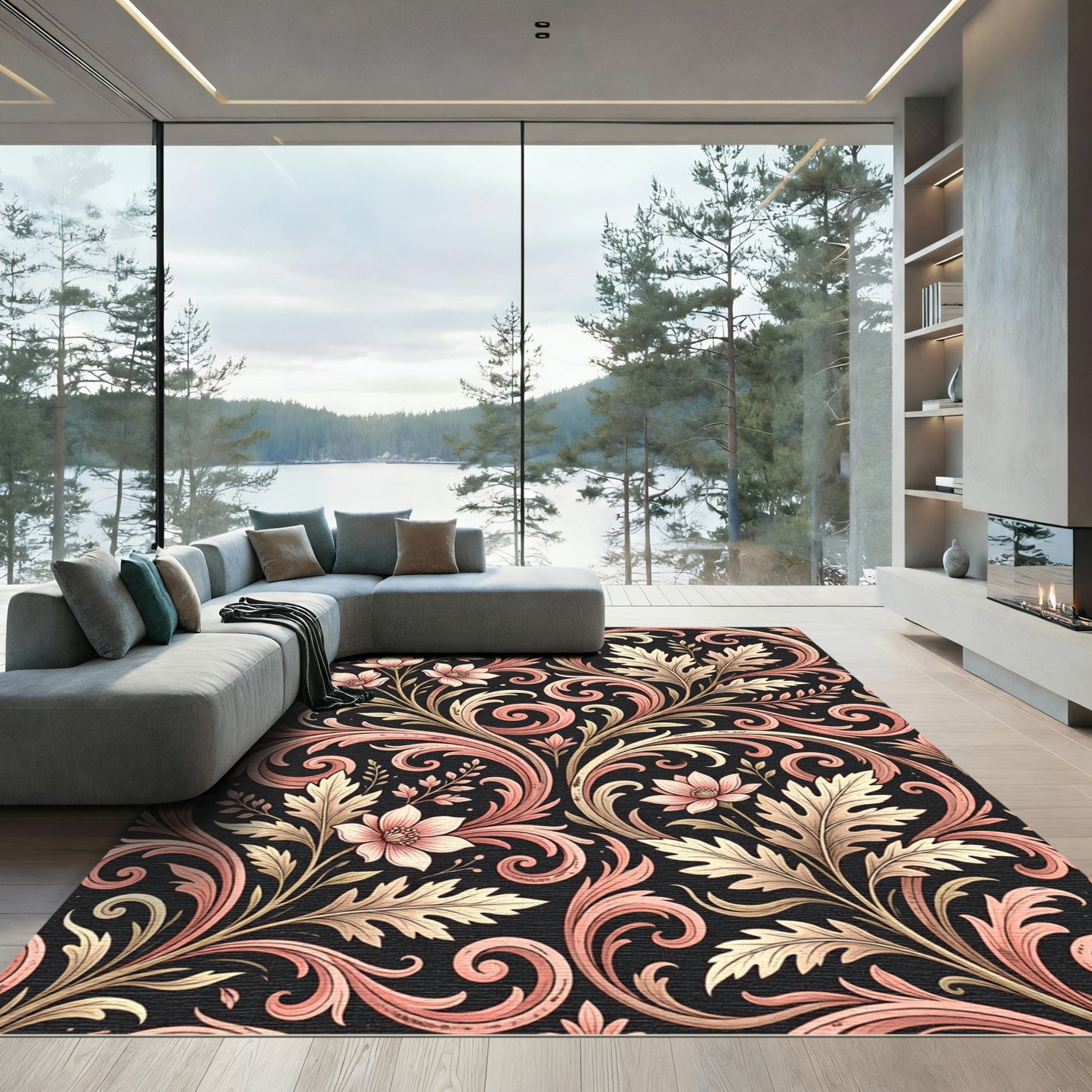 Elegant Blush Floral Damask Scroll Rug