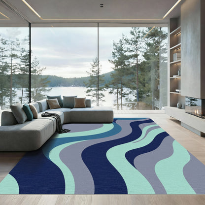 Retro Blue Abstract Wavy Stripes Rug
