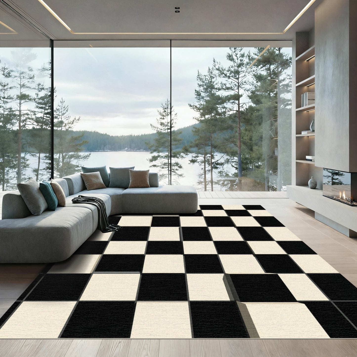 Black White Checkerboard Square Op Art Rug