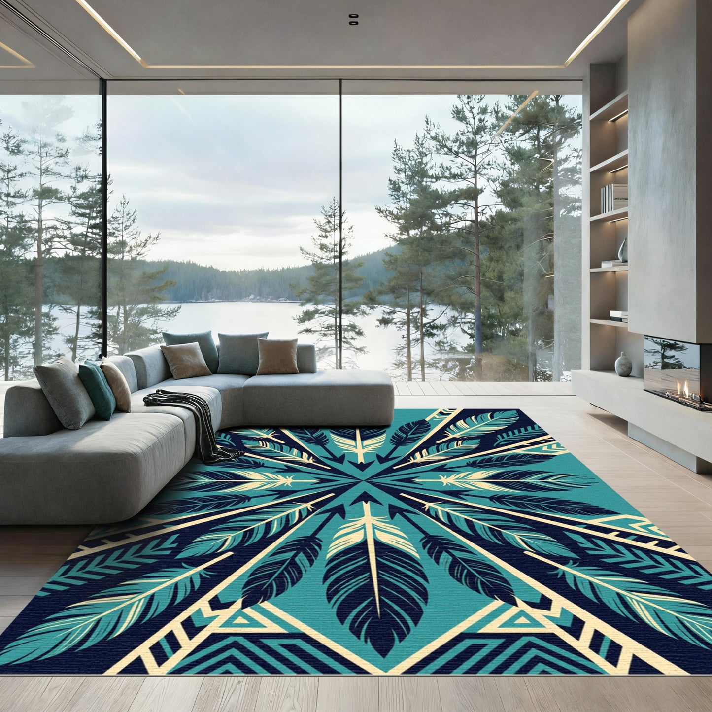 Teal Feather Geometric Arrow Symmetry Rug