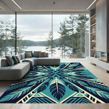 Teal Feather Geometric Arrow Symmetry Rug
