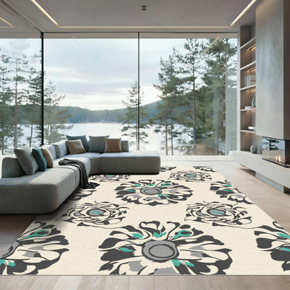 Gray Teal Abstract Floral Blooms Rug